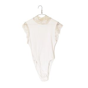 90s cream white knit bodysuit shirt - lace turtleneck - onesie catsuit snap